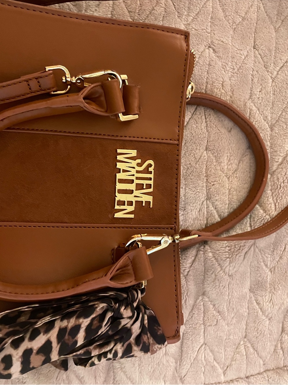 Steve Madden Tan Leather & Suede Satchel with Gold Hardware